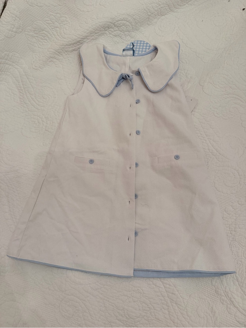 Edgehill Collection White Dress with Light Blue Trim